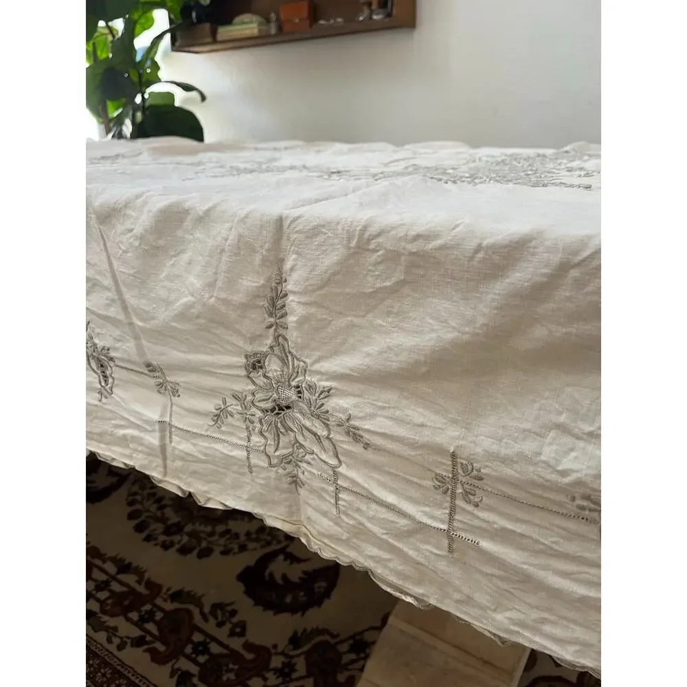 Vintage Hand Embroidery Floral Linen Tablecloth Ivory Rectangular 98